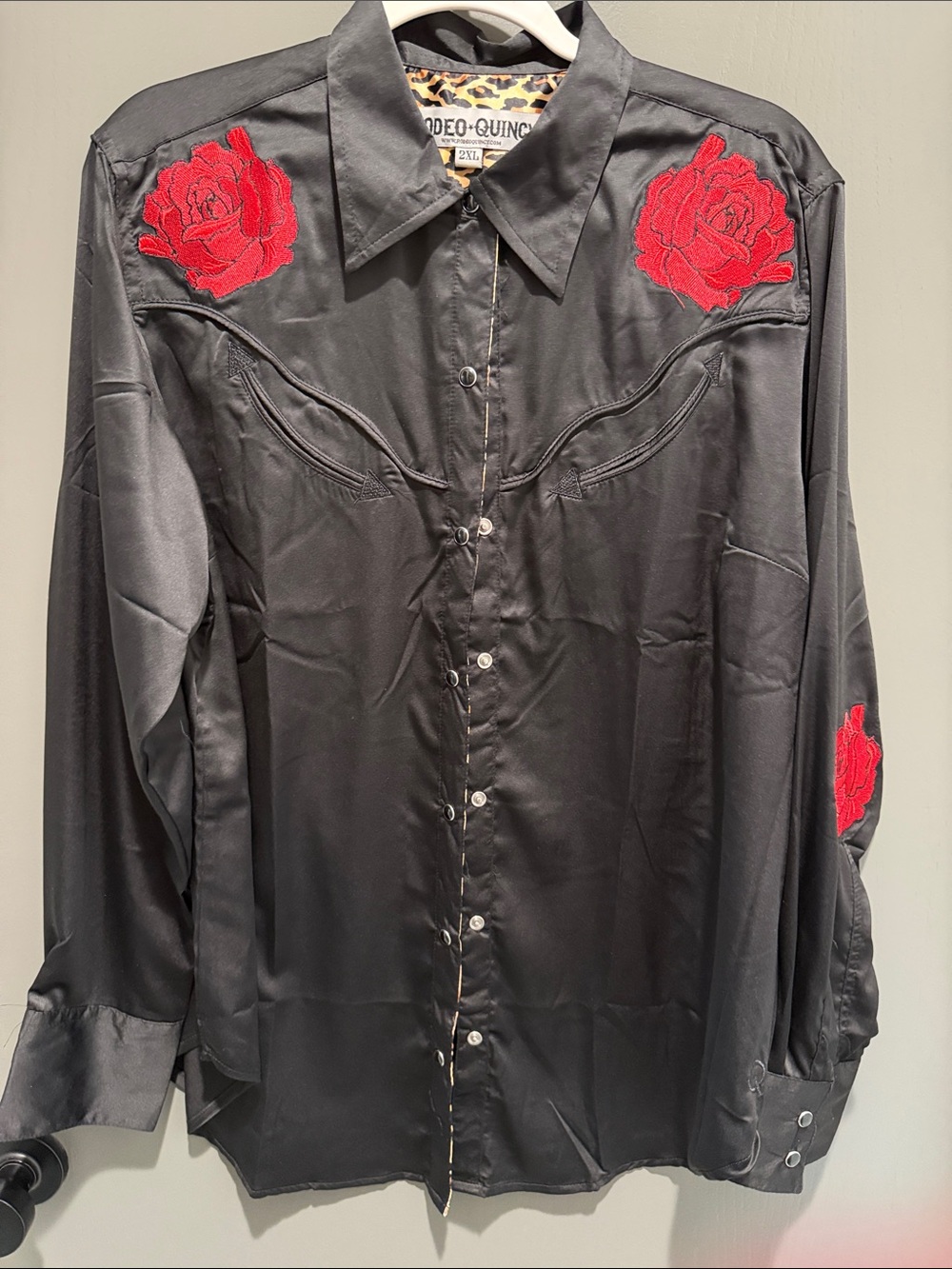 Black Satin Button-Down Shirt with Red Rose Embroidery and Leopard accents